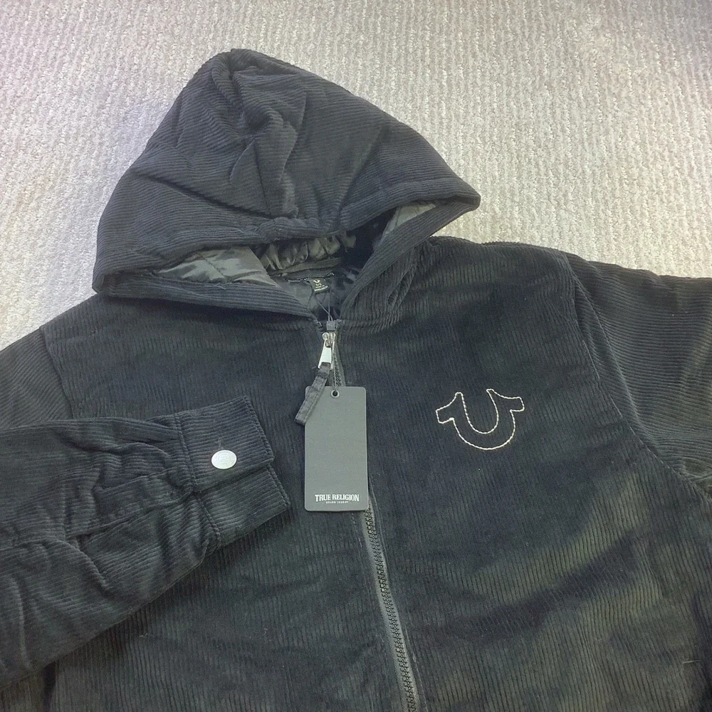 True Religion Mens Vintage Corduroy Jacket Jet Black‎ Hooded Size S NWT
